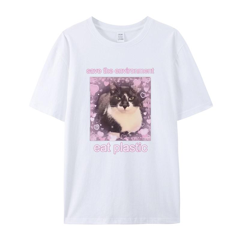 2026 Save The Environment Eat Plastic Cute Cat Graphic T Shirt Funny Men Women O-Neck Clothing T-shirts Oversized T-shirt