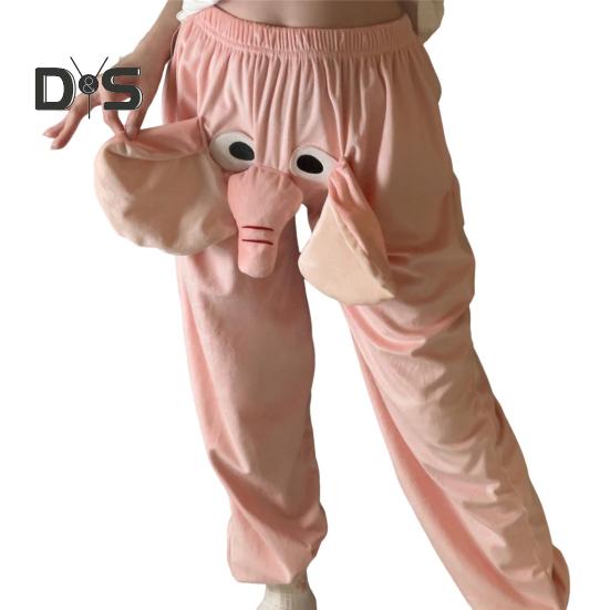 Calças de pijama com estampa de elefante de desenho animado, pernas largas, design feminino, masculino, calças de salão, cós elástico, cintura média, calças de pijama