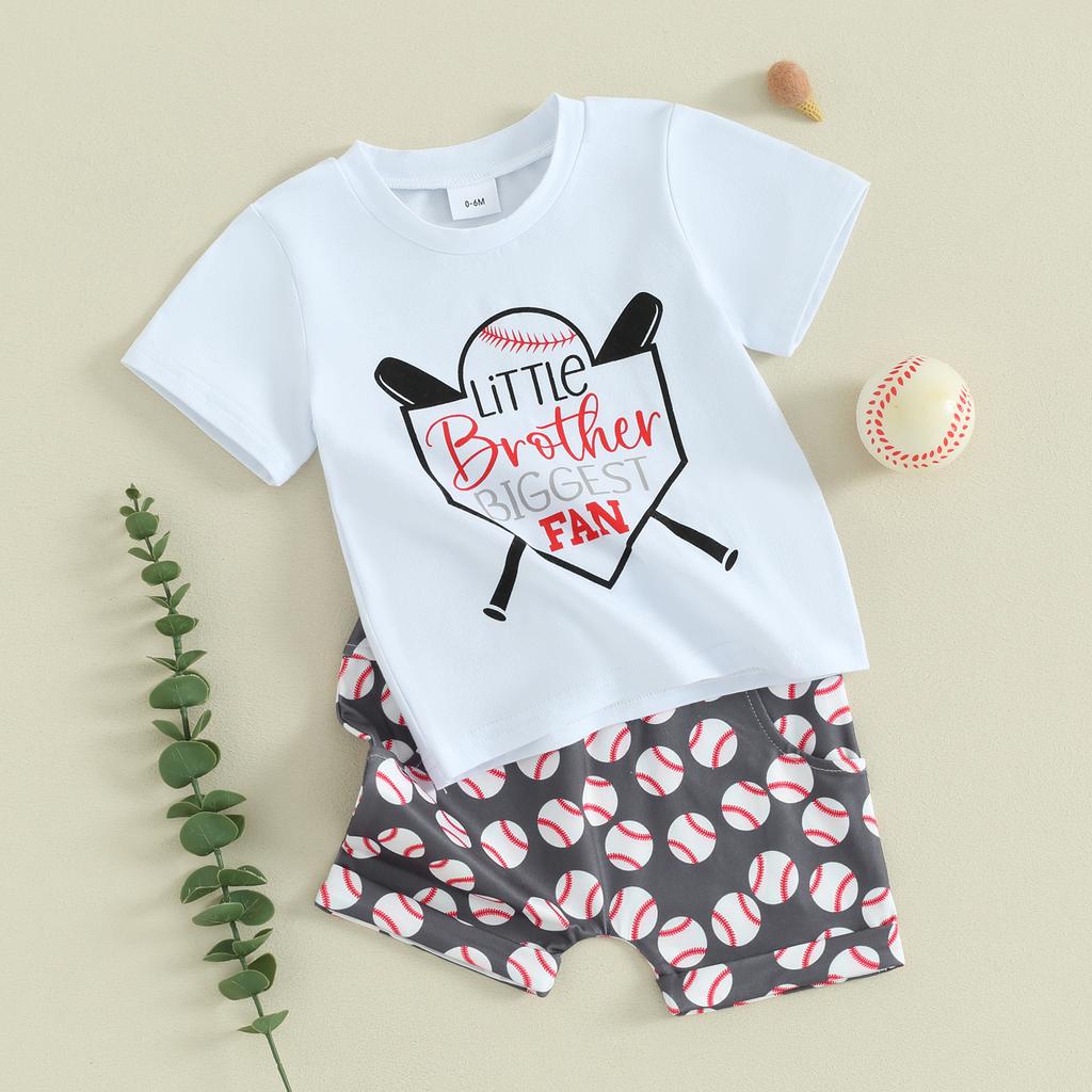 Toddler Boy Shorts Set Letter Print Short Sleeve Round Neck T-Shirt with Baseball Pattern Shorts 2Pcs Outfit