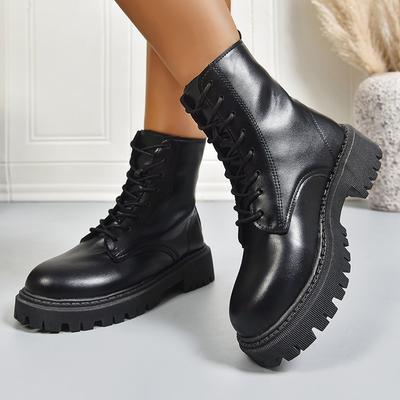 Damenmode Schwarze Plateau-Stiefeletten mit runder Zehenpartie zum Schnüren Rutschfeste Kampfstiefel Frau Herbst Winter PU-Leder Botines Mujer