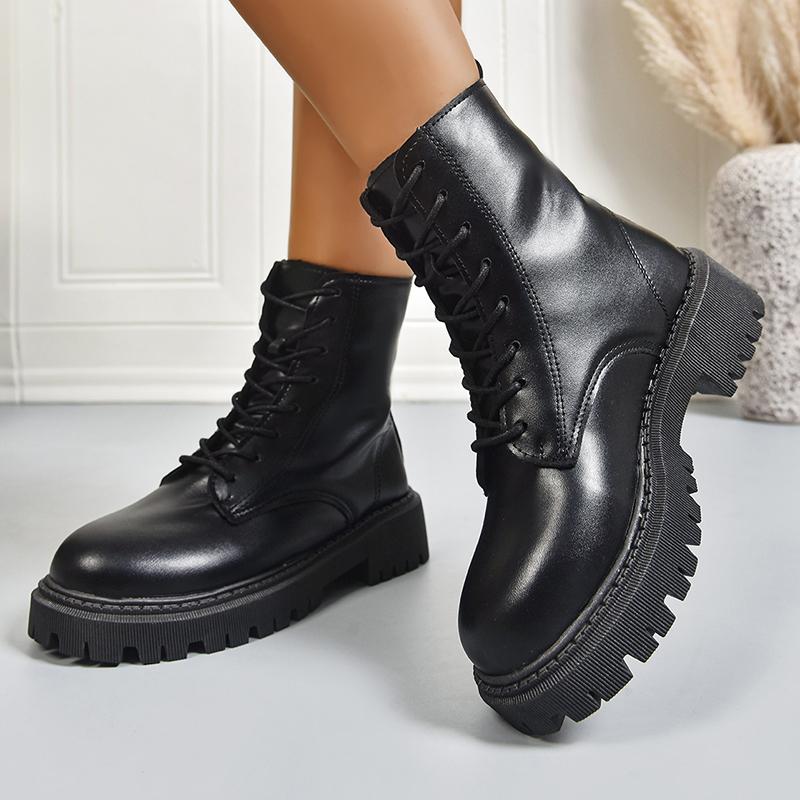 Women's Fashion Black Platform Ankle Boots Round Toe Lace Up Non Slip Combat Boots Woman Autumn Winter PU Leather Botines Mujer