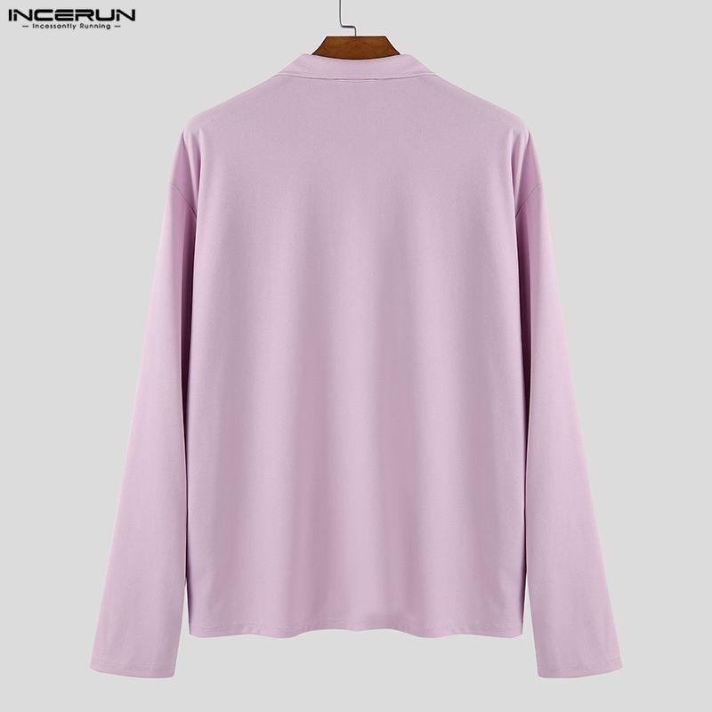 INCERUN Oversized Men Lapel Neck Long Sleeve Solid Loose Casual T-Shirts Tops