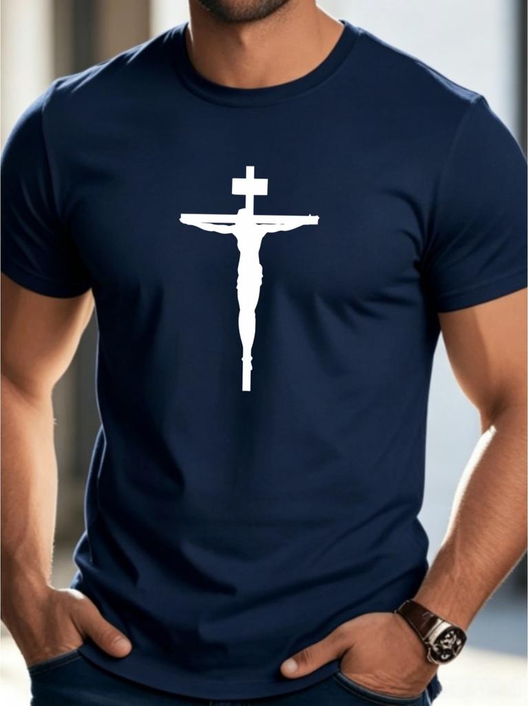 Jesus Crucifix Cross Silhouette Print Unisexs Crew Neck Soft Cotton Short Sleeve Religious Faith Casual Daily Basic Streetwear Tees