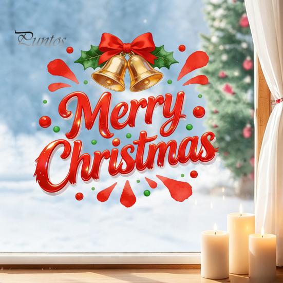Christmas Window Clings Merry Static Glass Sticker, Decals with Bell Holiday Store Displays Elements, Removable for Home Party Decorations Ornaments