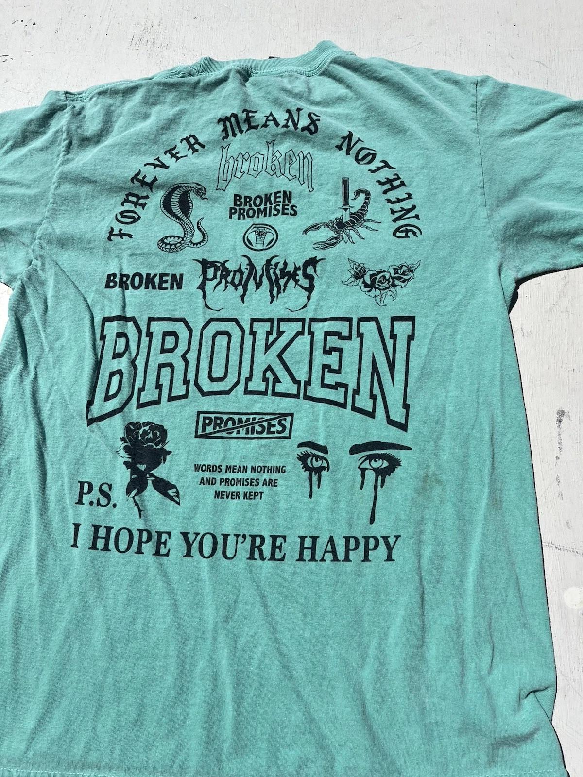 Men s Broken Promises T-Shirt Green Spell-Out M Streetwear Art Cartoon City Hip 3XL