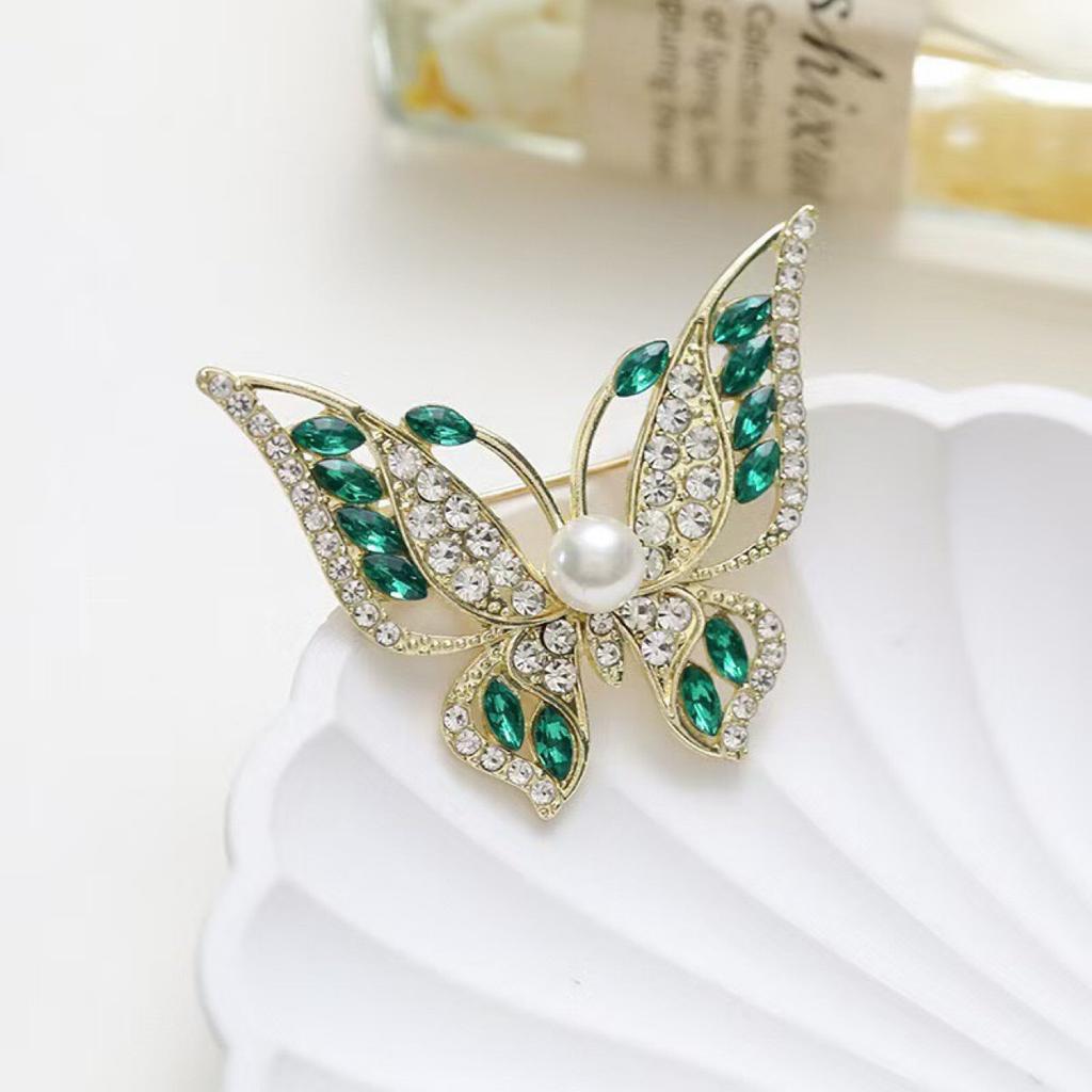 Butterfly Brooch Pin Fashion Jewelry Crystal Rhinestone Pearl Accent Decorative Accessory for Clothing Bags and Hats