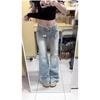 Women's Light Blue Low-Waist Ripped Denim Flare Pants with Lace Detail