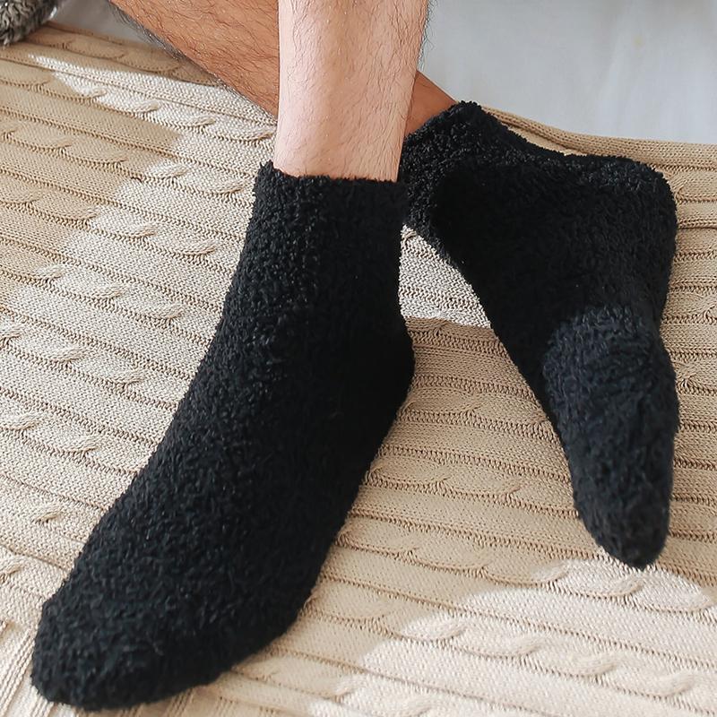 3 Pairs Men's Half Fleece Socks Winter Thermal Coral Fleece Pure Color Warm Thicken Soft Mid-tube Floor Home Sleep Socks Women