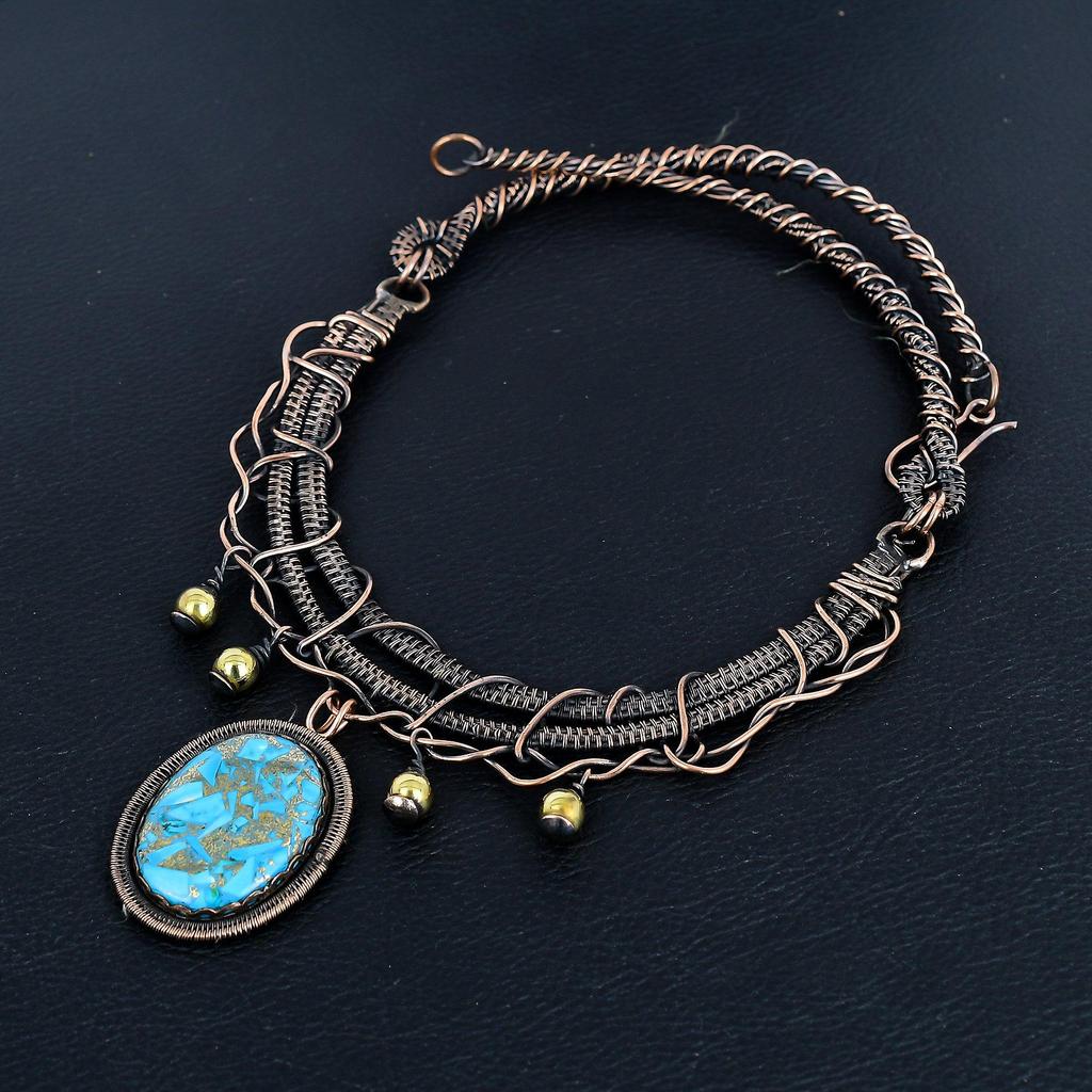 Copper Turquoise Necklace Gemstone Jewelry, 999 Copper Wire Wrapped Necklace, Adjustable Handmade Chain Necklace Gift For Wife Jewelry