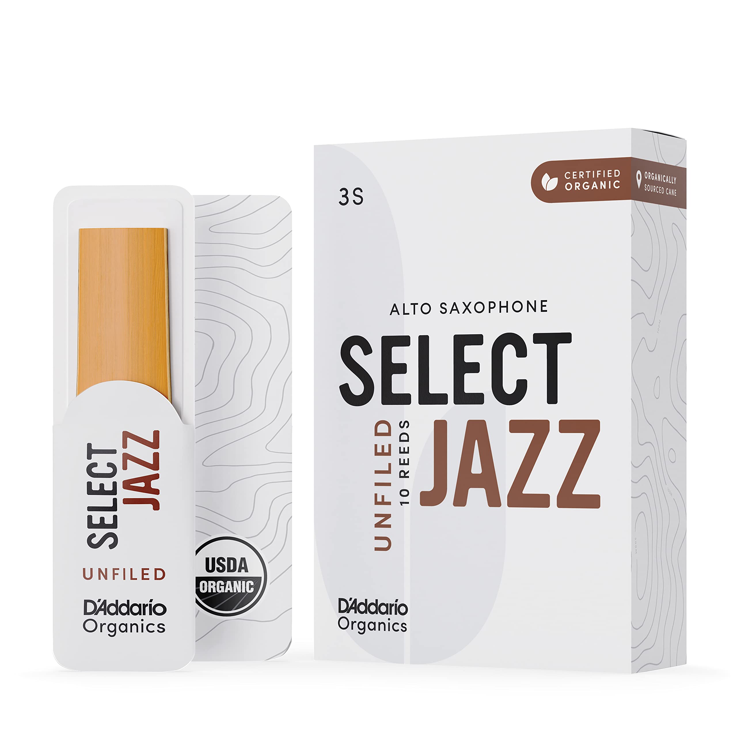 

Rico D Addario WoodWinds D Addario Select Jazz Unfiled Reeds for Alto Saxophone, USDA Certified, ORRS10ASX3S [Hardness: 3S], Pack of 10