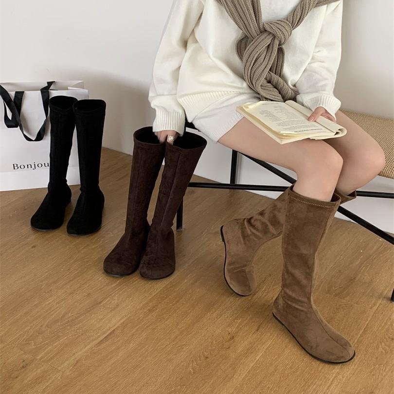 Suede Skinny Boots Fashion Boots Autumn and Winter 2025 New Round Head Long Cylinder Inner Height Increasing Stacking Boots European and American Cowb