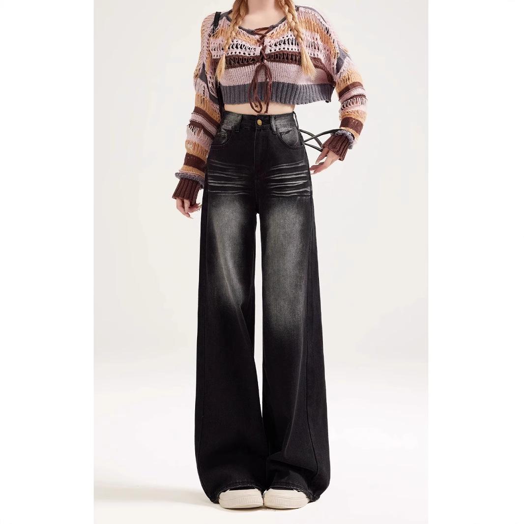 

Women s 2025 Autumn Black Wide-Leg Sanded Jeans, High Waist, Floor-Length, Loose-Fit, Slimming Straight-Leg. XS чорний колір сірий