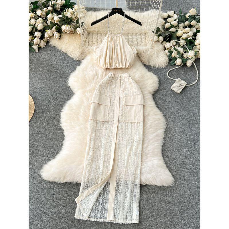Fancy Vacation Style Suit Niche Style Halterneck Tank-Top Easiest for Match High Waist Lace Skirt Temperament Twinset