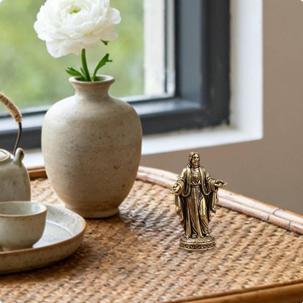 Holy Statue Figurine Vintage Brass Blessed Desktop Ornament Small Religious Sculpture for