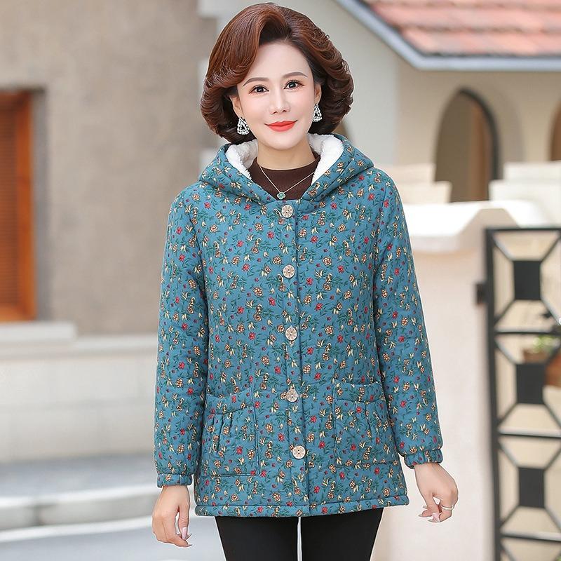 

Зимняя зимняя одежда бархатная утолщенная новая цветочная стеганая куртка среднего и пожилого возраста с капюшоном теплая куртка стеганая куртка женская стеганая куртка 5XL [recommended 150-80kg] синий