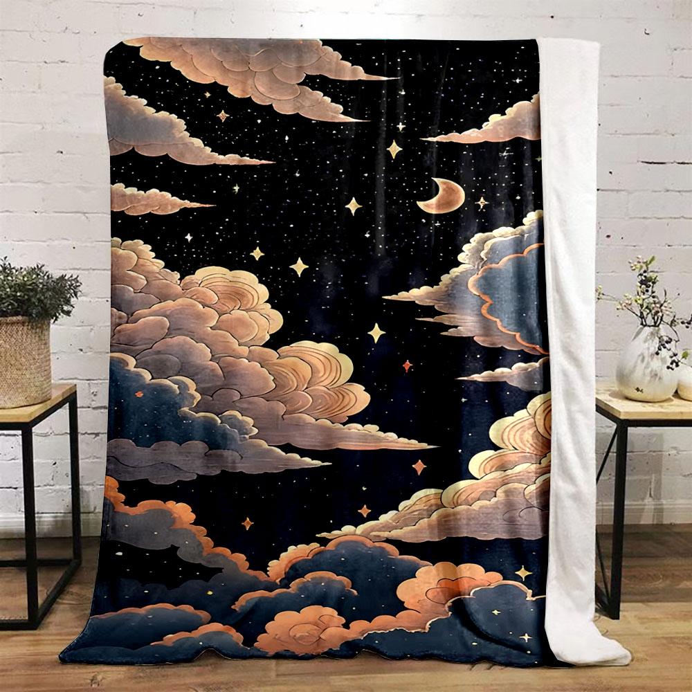 Dreamy Night Sky with Clouds and Stars Patterned flannel blanket perfect for the bedroom living room, sofa, or a little nap