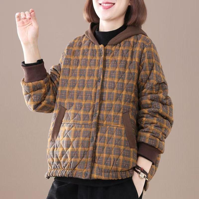 Thick Coat Women Winter Retro Plaid Hooded Casual Warm Comfortable Lightweight Cotton Coat Top