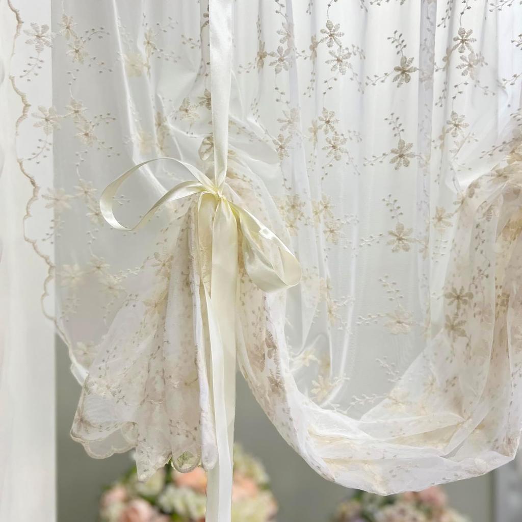 KMSG Bowknot Tie Up Kitchen Curtain Floral Balloon Lace Sheer Curtain Tiers for Small Cafe Windows Rod Pocket Light Filtering Ruffled Voile Window