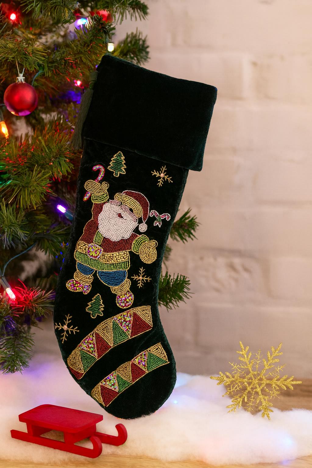 

Handmade Embroidered Santa Christmas Green Stocking – 21” Large Velvet Fireplace Decor Stocking Santa Claus Christmas Decoration & Gift Bag L зелений