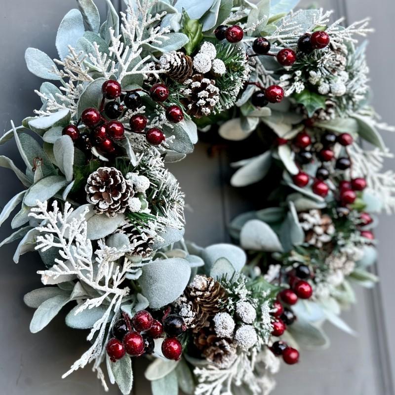 Christmas Flocked Sheep Ear Leaf Wreath With Artificial Red Berries Pinecones Snow Spray 40cm Front Door Decor