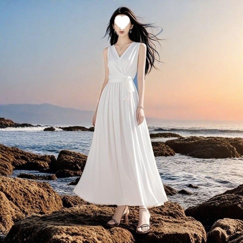 White collar temperament dress new seaside vacation summer sleeveless long dress chiffon beach dress red