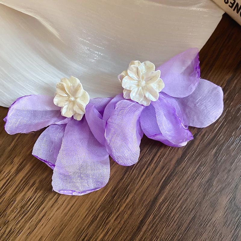 Silver Needle Fabric Flower Glass Fringed Earrings Medium Antique Temperament Stud Earrings Design Sense Niche Earrings