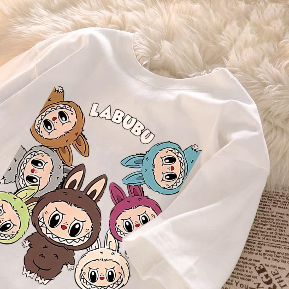 Children's LABUBU Printed T-shirt Korean Style Fashionable and Popular Girl Round Neck Short Sleeved Casual and Comfortable Top