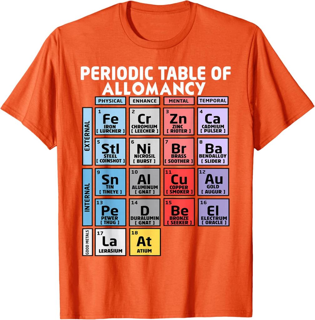Periodic Table of Allomancy Metal Powers Graphic T-Shirt Casual Short Sleeve Cotton Crewneck Tee
