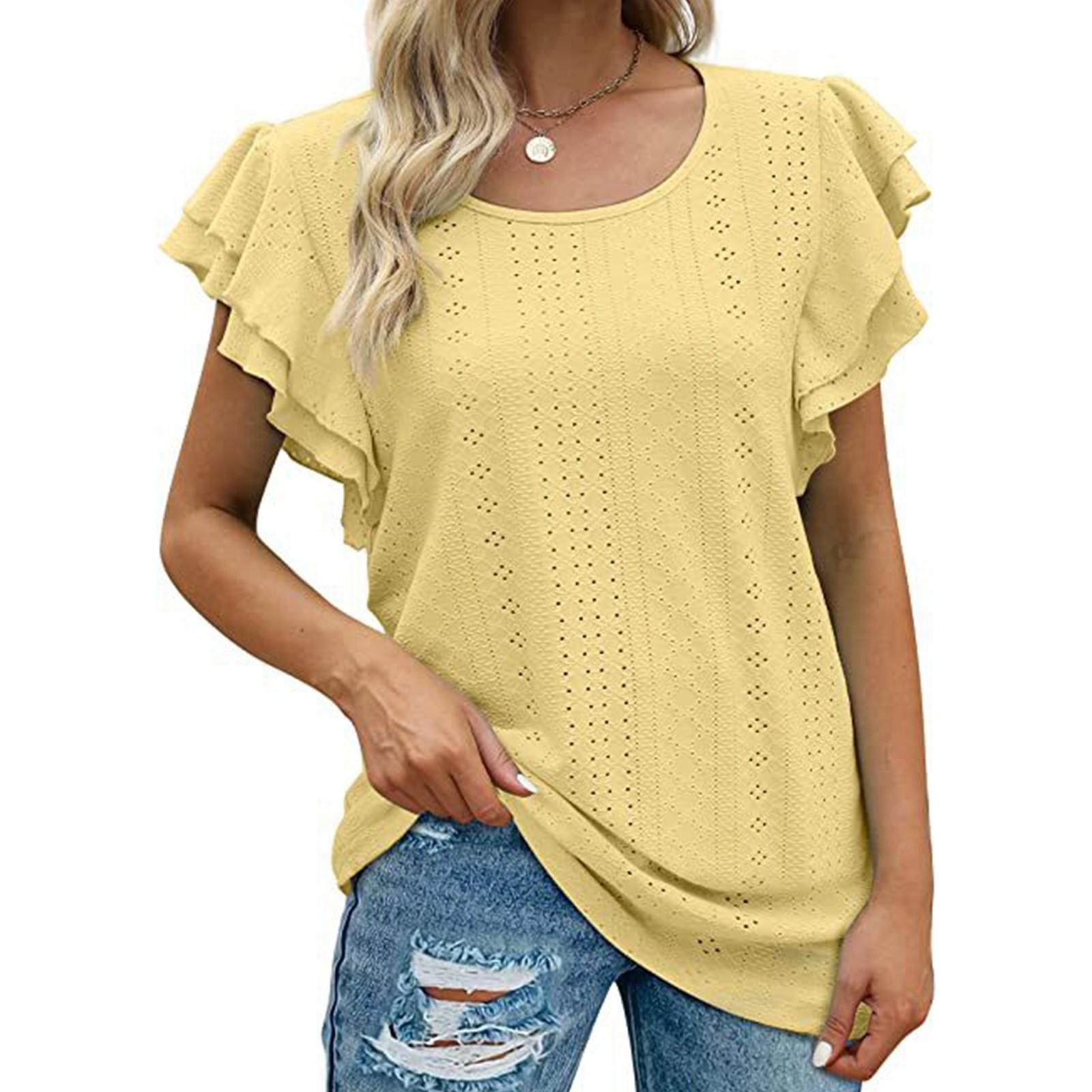 

Женская модная дизайнерская футболка с люверсами, полыми рукавами с рюшами, сексуальный повседневный топ XL жёлтый