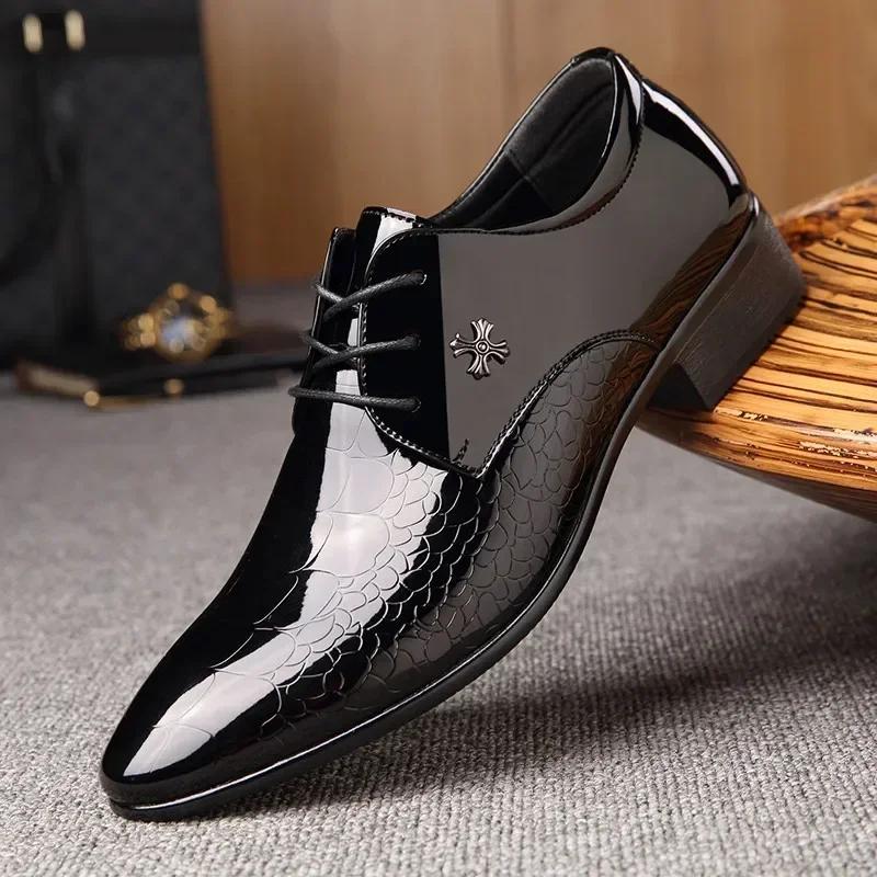 Oxford Shoes For Men Luxury Patent Leather Wedding Shoes Office Slip On Men Work Shoe New Pointed Toe Derbies Sapatos Masculinos