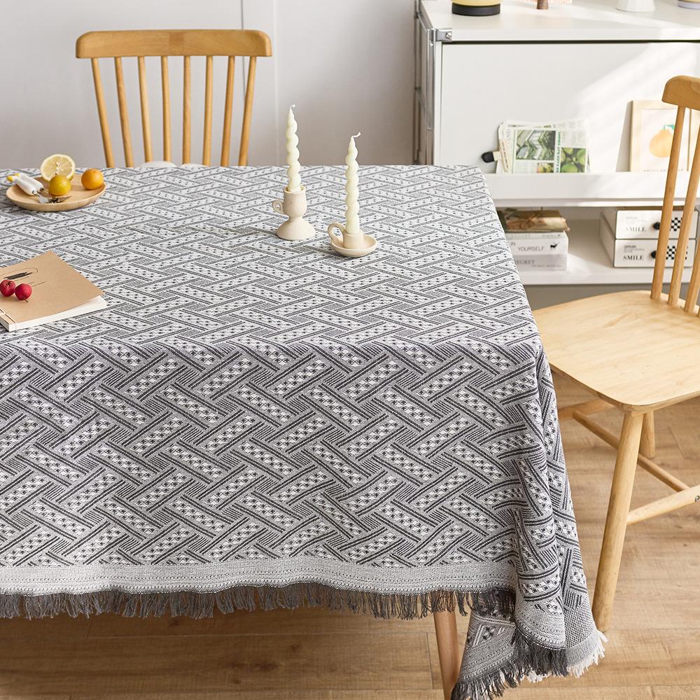 Französische Creme Baumwolle Leinen Tischdecke Waffelstruktur Rechteckig Esstischdecke Quastenrand Waschbar Bauernhaus Küche Couchtisch Abdeckung Dekoration