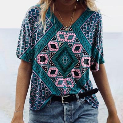 Top Feminino Casual Moda Verão Gola V Estampa Étnica 3D Manga Curta