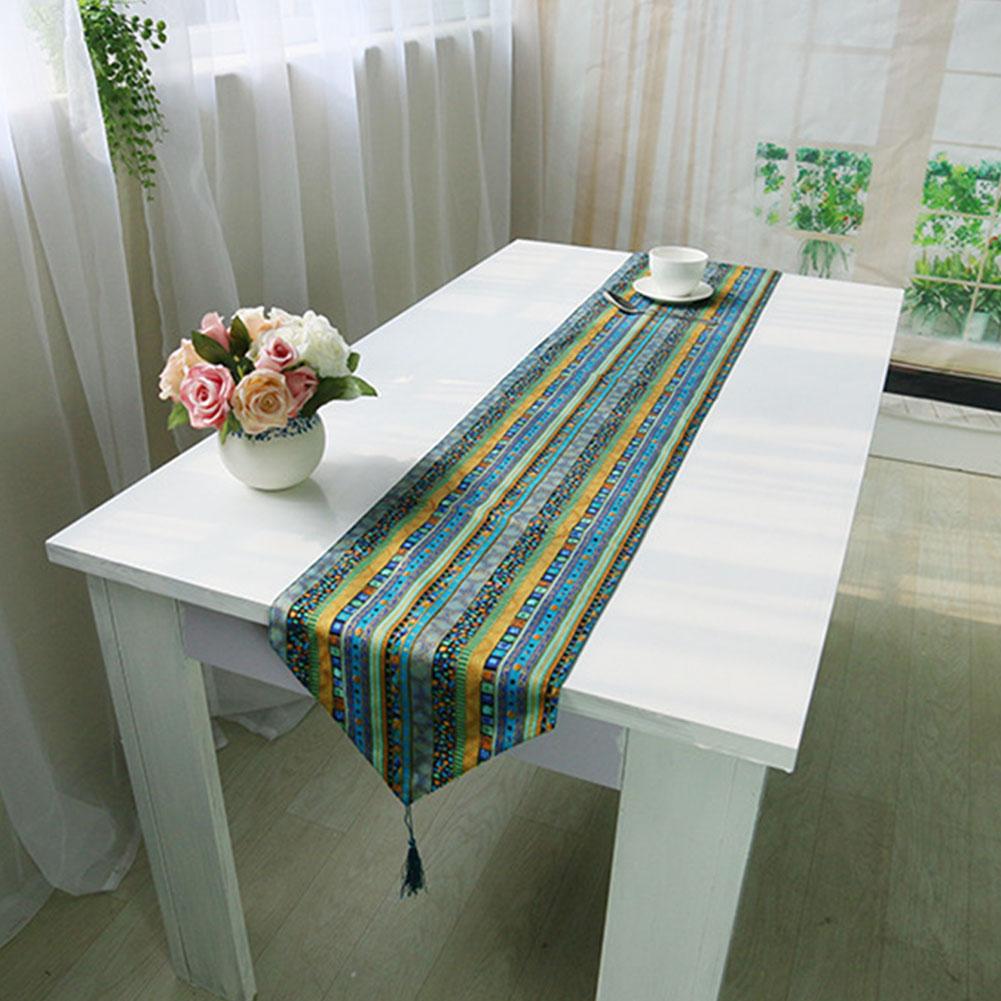 ראנר שולחן דגל שולחן פסים מכותנה ופשתן לאומי עם ציציות לקישוט שולחן ביתי