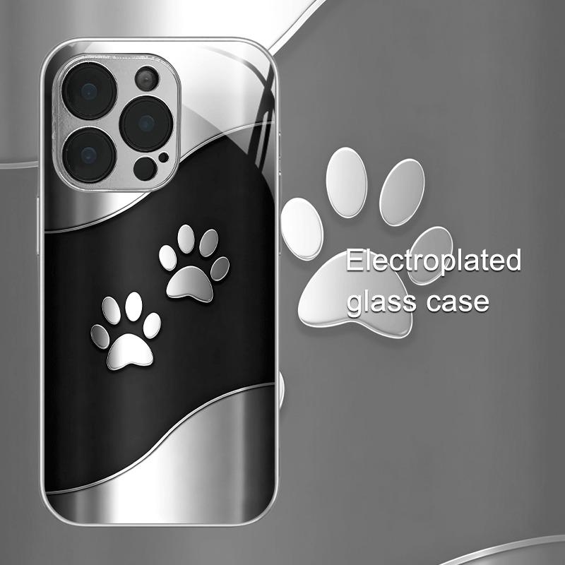 Black Silver Cute Paw Print Curve Pattern Tempered Glass Phone Case For iPhone 17 16 15 14 13 12 11 Pro Max 16 Plus 17 Air Cover