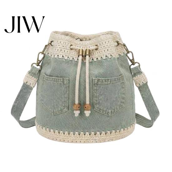 Stylish Commuter Handbag for Travel Denim Crochet Bucket Bag, Crossbody Bag with Daisy Embroidery, Boho Purse Drawstring Shoulder Women