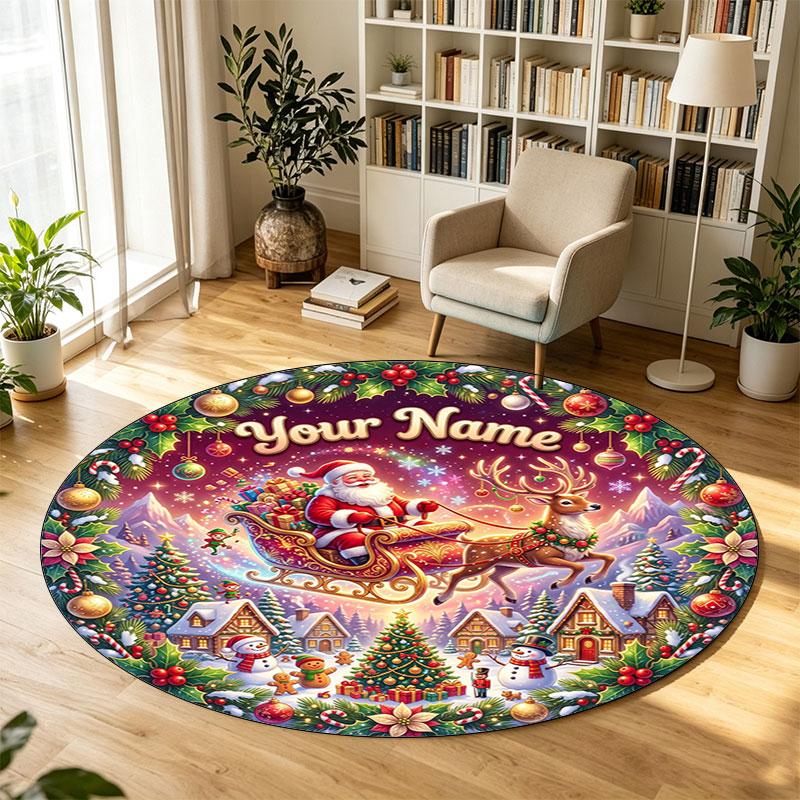 Christmas (95) Theme Circular Crystal Velvet Carpet Customized Name & Text Round Soft Floor Rug For Living Room Bedroom Decor