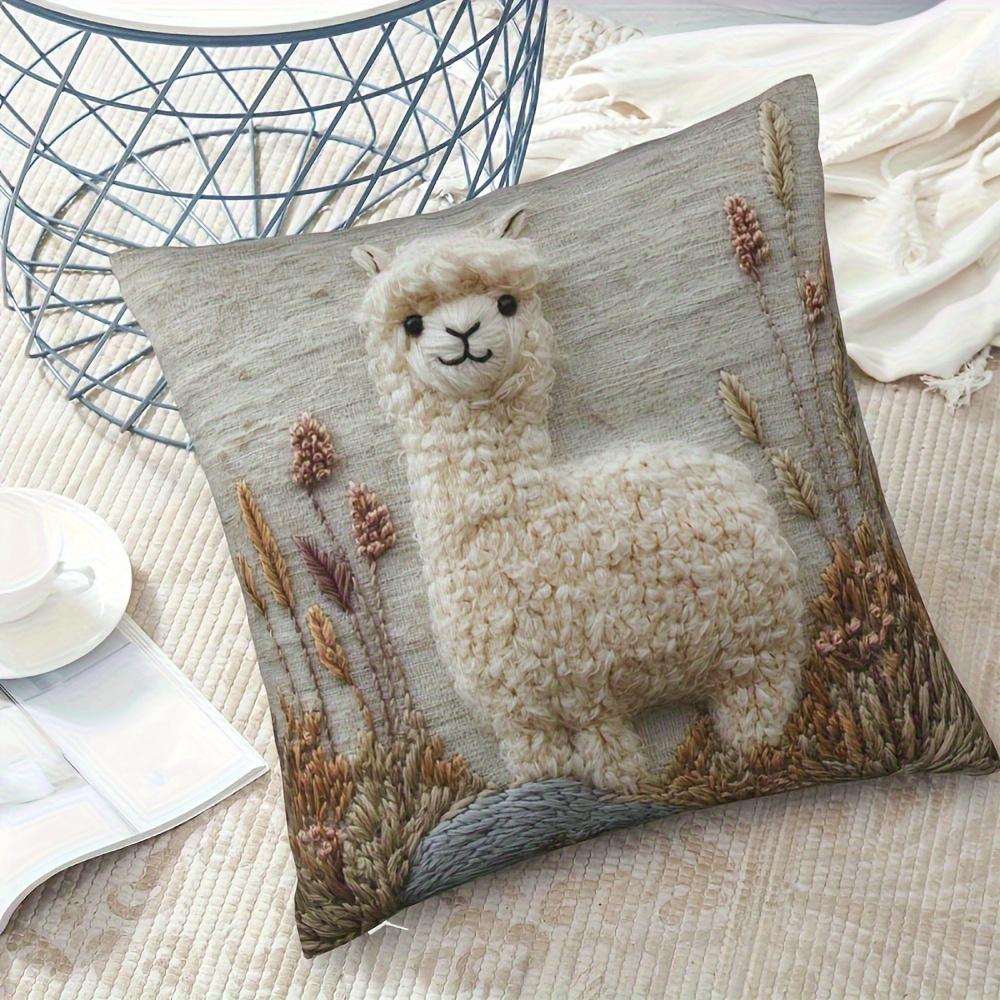 2D Flat Printing Vintage Alpaca Embroidery Throw Pillow Cover -Non-real Embroidery, Soft Plush Polyester
