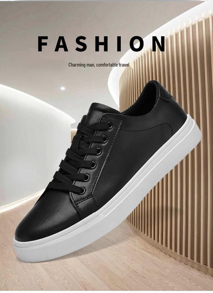 Men's White Low-Top Casual Cowhide Shoes with Thick Sole and Breathable, Versatile Round Toe Design.