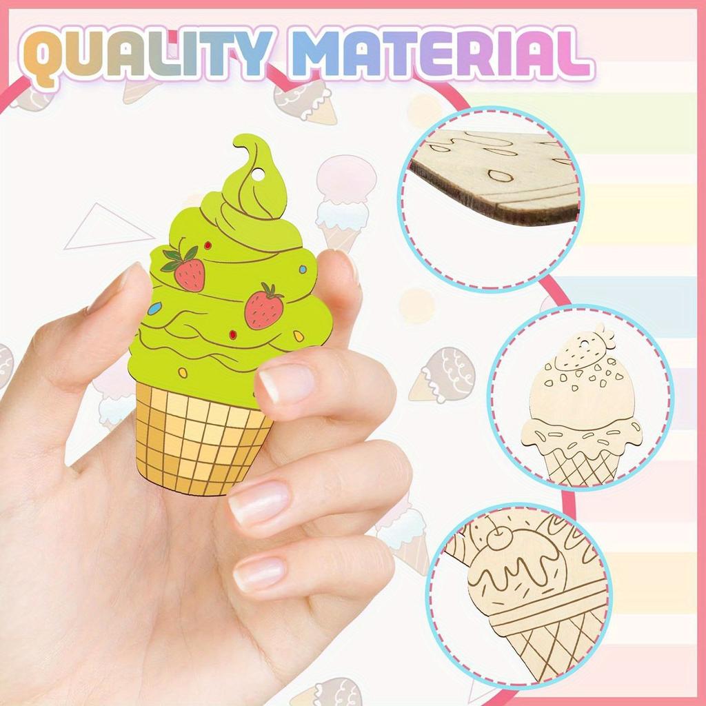 81624Pcspack Wooden Ice Cream Ornaments Multi Ice Cream Crafts For Kids Summer Party Decorations Diy Painting Gifts Supplies
