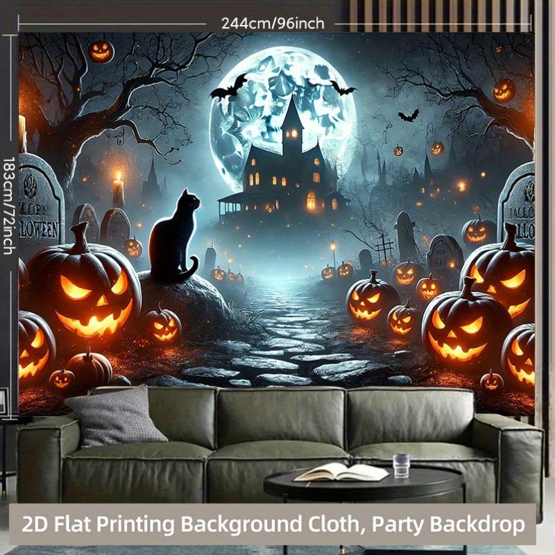 1 Piece of 2D Background Fabric, with Pumpkins and Cats On a Cemetery At Halloween Nightzyc