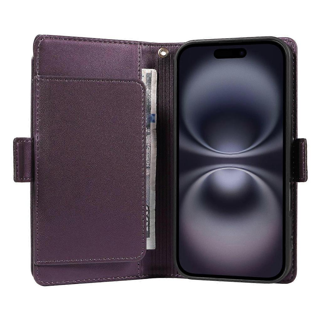 AS For iPhone 16 Plus Case with Card Holder Stand PU Leather Flip Phone Cover - Purple