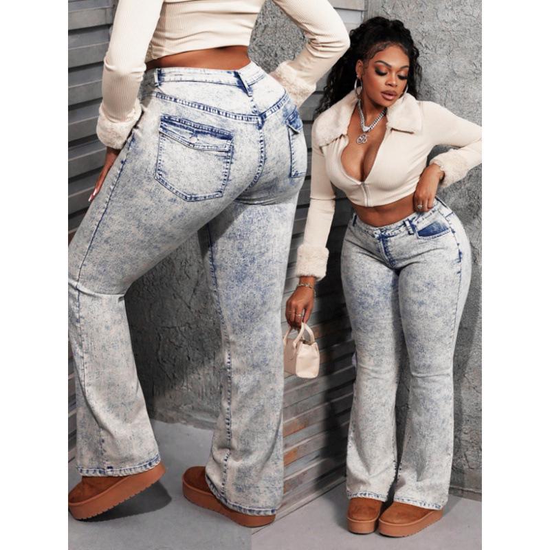 

High-Waisted Flare Jeans - Washed Denim Streetwear in Plus Sizes L синій