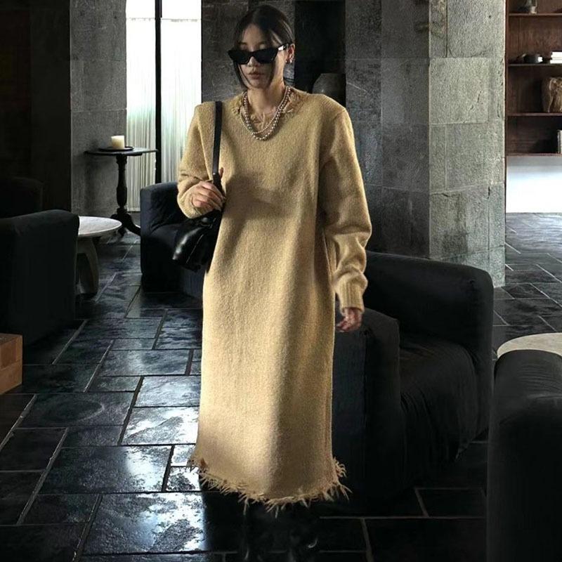 Rochie pulover medie spre lungă, care se potrivește lejer peste genunchi, toamnă și iarnă, noua versiune coreeană, pulover tricotat de bază pentru femei