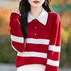 Autumn/Winter Women's 100% Wool Color Block Stripe Polo Sweater - Korean College Style Long Sleeve Knitwear