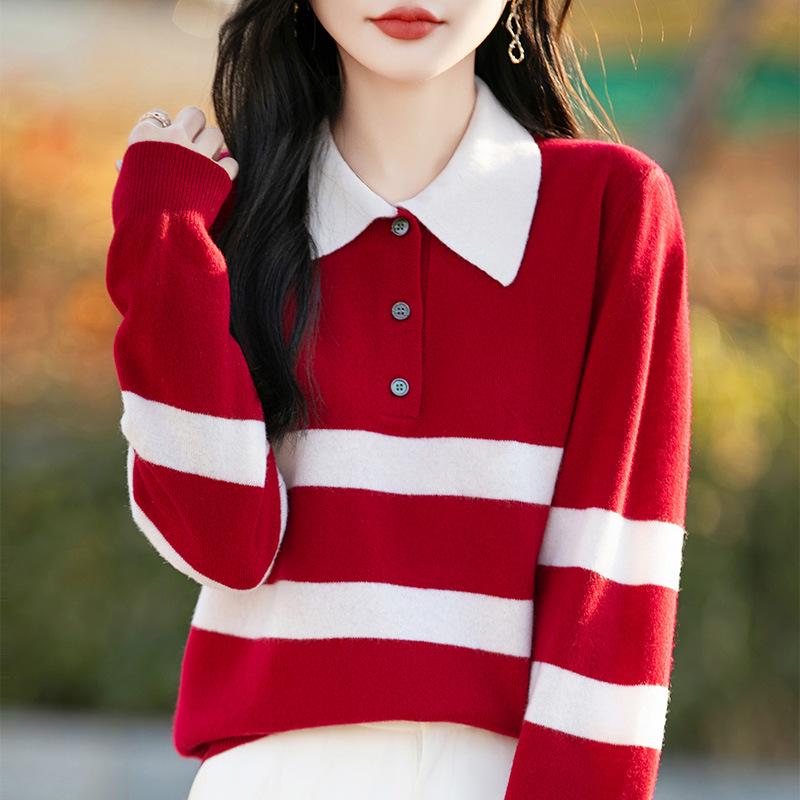 Autumn/Winter Women's 100% Wool Color Block Stripe Polo Sweater - Korean College Style Long Sleeve Knitwear