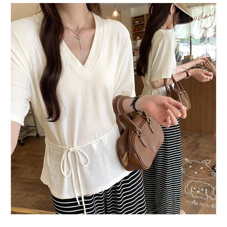V-Neck Soft, Skin-Friendly Short-Sleeve T-Shirt with Back Waist Tie - Women's Summer 2026 New Style