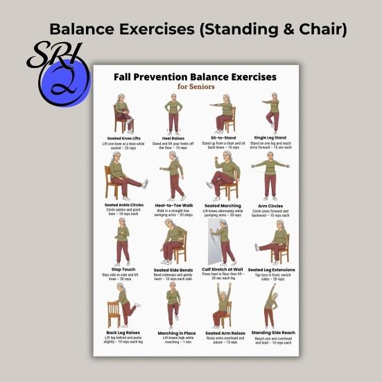 Exerciții de Mobilitate pentru Vârstnici Set 5 Bucăți Scaun Echilibru Întindere Yoga Exerciții Poster pentru Seniori Plan de Antrenament Acasă cu Impact Redus Anti-Cădere & Ghid Fitness pe Perete