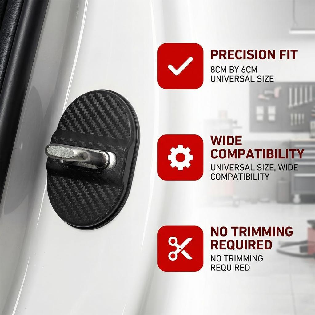Car Door Latch Lock Cover, 4PCS Carbon Fibre Shock Absorption Vehicle Door Latch Protective Cover, Noise Reduction Automotive Lock Protector,