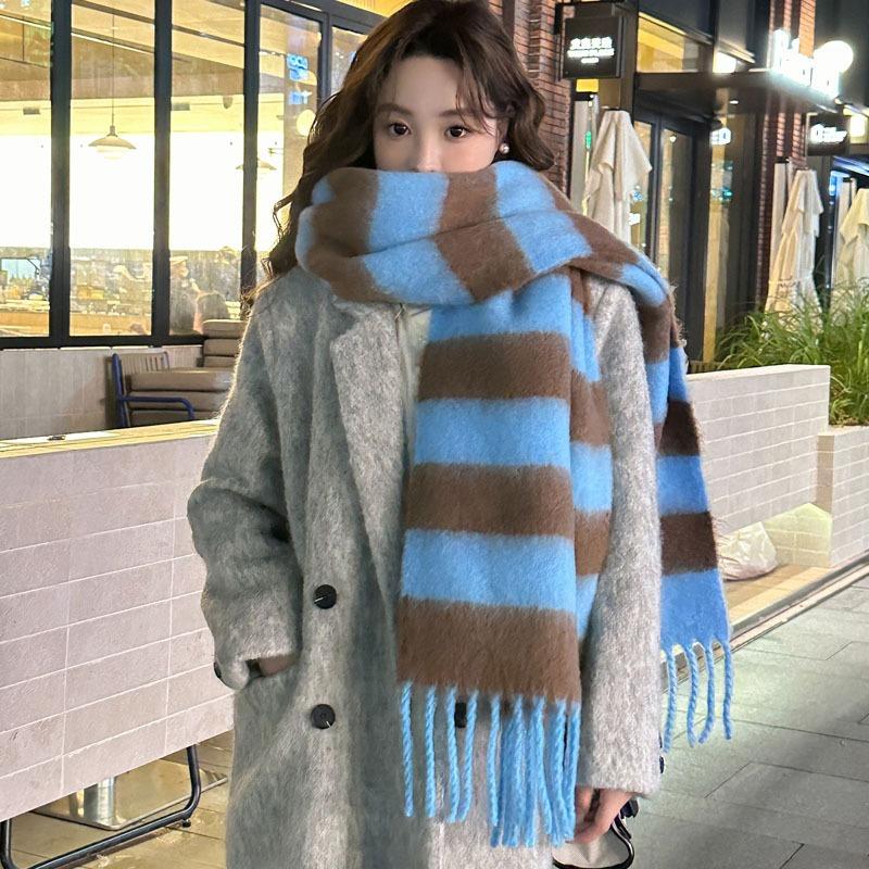 Blue Striped Scarf Women's Winter High-end Shawl Thickened Warm Wool Scarf
