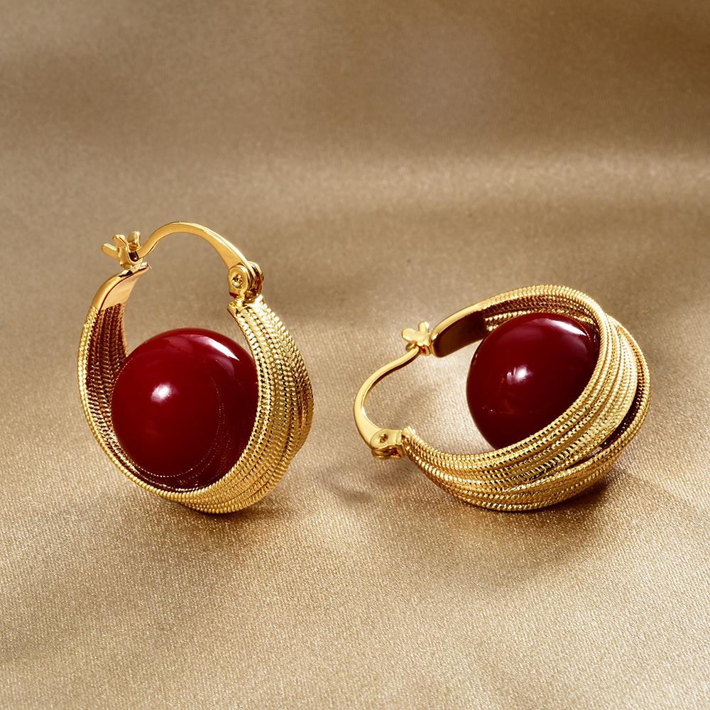 

Vintage Festive Red Pearl Hoop Earrings Light Luxury Textured Gold Ear Buckles for Women